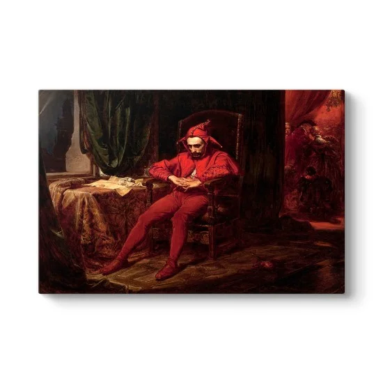 Jan Matejko Stanczyk tablosu kanvas baskı, kırmızı kıyafetli saray soytarısı düşünceli otururken