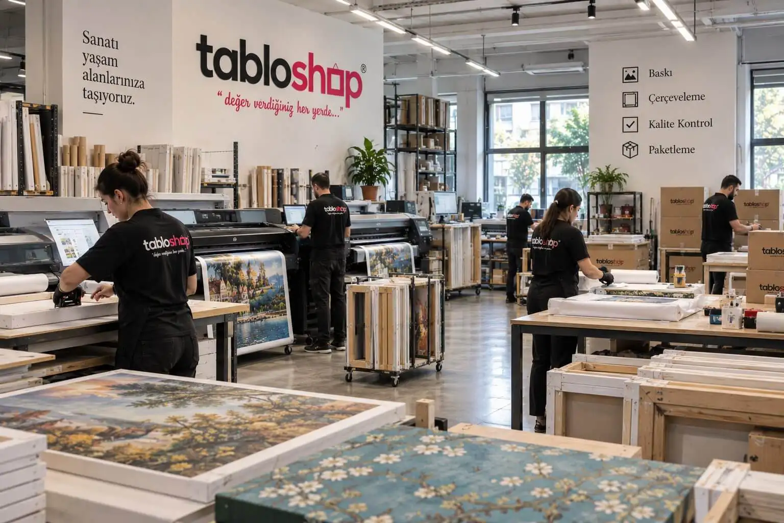 TabloShop atölyesinde baskı, çerçeveleme, kalite kontrol ve paketleme ekibi
